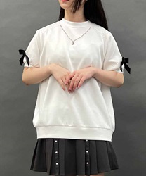 肩あきリボンデザイン半袖プルオーバー(白-M)