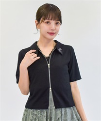 刺繍入ダブルジップトップス(黒-F)