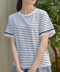 レース×チュール袖Ｔシャツ(紺-F)
