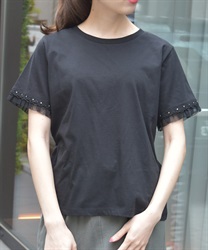 レース×チュール袖Ｔシャツ(黒-F)