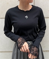 マーガレット刺繍リブトップス(黒-F)