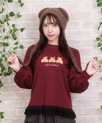 くまボア刺繍裾レースＴシャツ【予約】(ワイン-M)