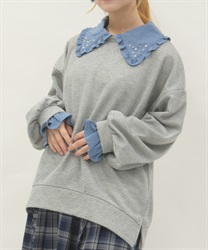 デニム襟ラメ裏毛トレーナー(グレー-F)