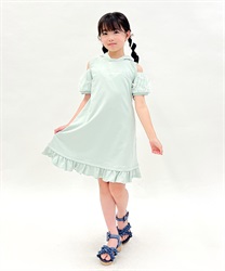 kidsミニリボン肩開きパーカーワンピース(ミント-120cm)