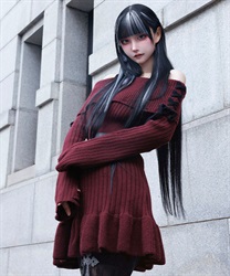 オフショルフリルニットチュニ(ワイン-M)