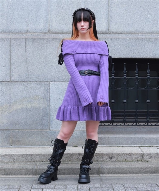 オフショルフリルニットチュニ