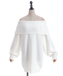 ハート×ケーブル柄チュニワンピース(白-M)