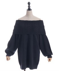 ハート×ケーブル柄チュニワンピース(黒-M)