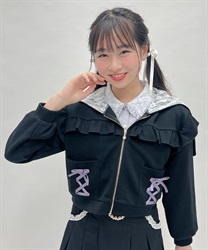 kidsレースアップフリルパーカー(黒-150cm)