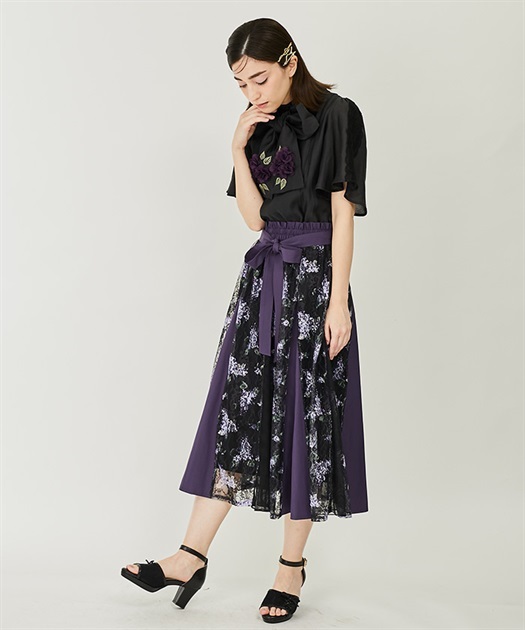 海外個人輸入 カネコイサオ スカート サッシュベルト付き 紫陽花柄 黒 スカート