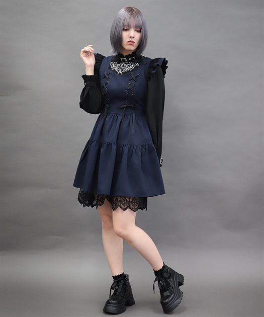 美品✨13万 フォクシー ラッフルヘムドレスワンピース フリル ネイビー 38 Dramatic Shinyワンピース＋ベール付きミニハット｜東京ロリィタ-TOKYO