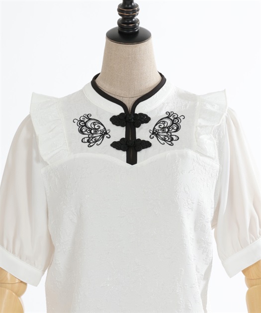 チャイナ蝶刺繍半袖ブラウス | レディース服・レディース チャイナ蝶刺繍半袖ブラウス | レディース服・レディース