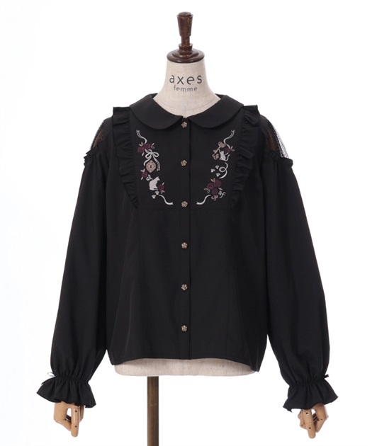 猫刺繍ヨークフリルブラウス | outlet | axes femme online shop