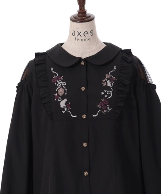 猫刺繍ヨークフリルブラウス | outlet | axes femme online shop 猫刺繍ヨークフリルブラウス | outlet | axes femme online shop