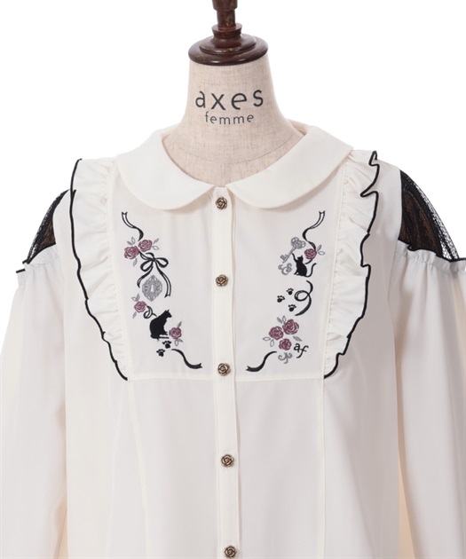 猫刺繍ヨークフリルブラウス | outlet | axes femme online shop