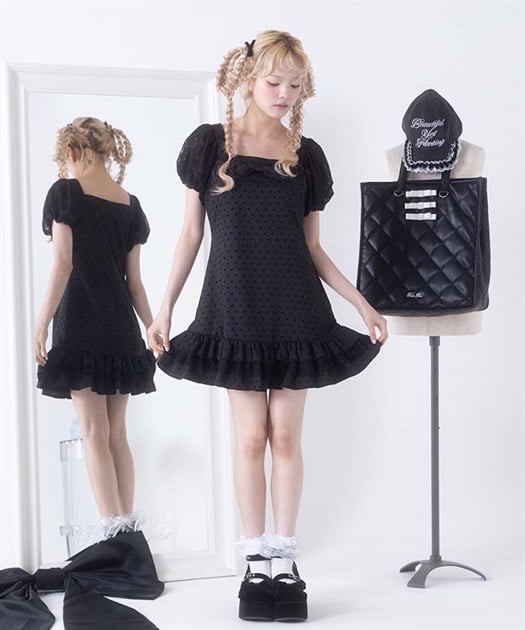 ❤️25新作 新品♡ SelfPortrait紺色レースドットワンピース♡　E24 SETTAN/セッタン】オフショル/フラワーレース/ リボン/ フリル
