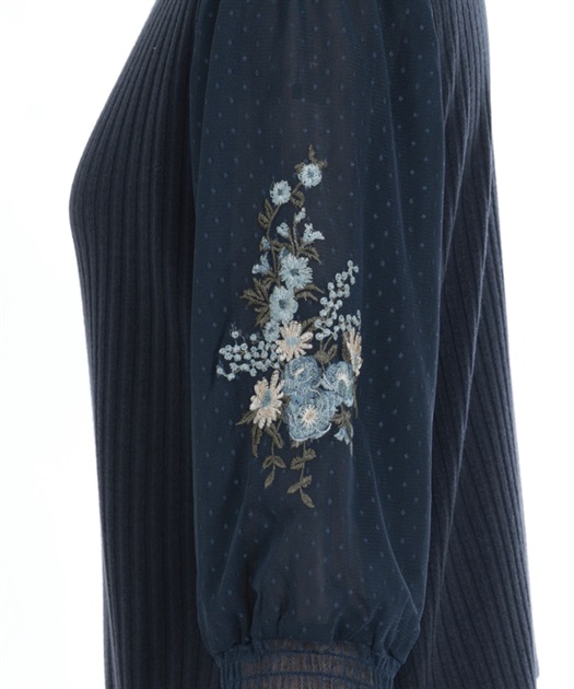 ドットチュール×花刺繍袖プルオーバー | レディース服 ドットチュール×花刺繍袖プルオーバー | レディース服