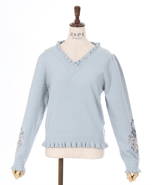 フラワー刺繍袖Vネックニット【期間限定価格】 | レディース服 フラワー刺繍袖Vネックニット【期間限定価格】 | レディース服