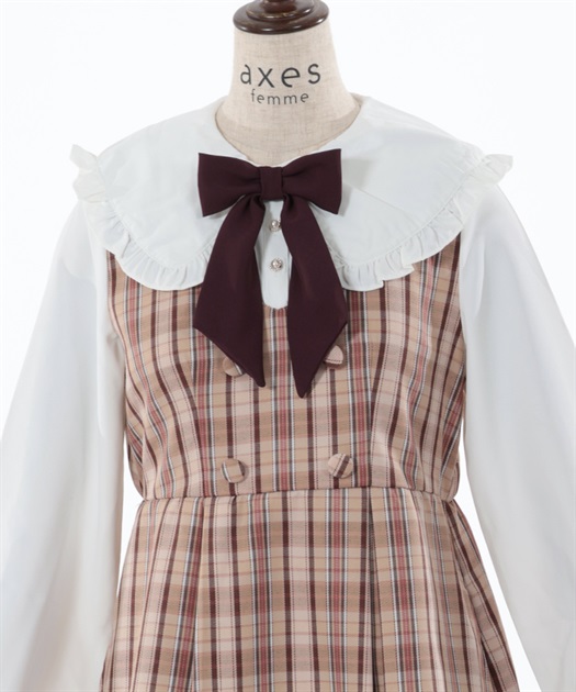 アクシーズファム　チェック柄　襟付き　ボウタイ　ワンピース　くま　量産型　地雷 axes femme（アクシーズファム）の「白襟×チェック柄フレアOP
