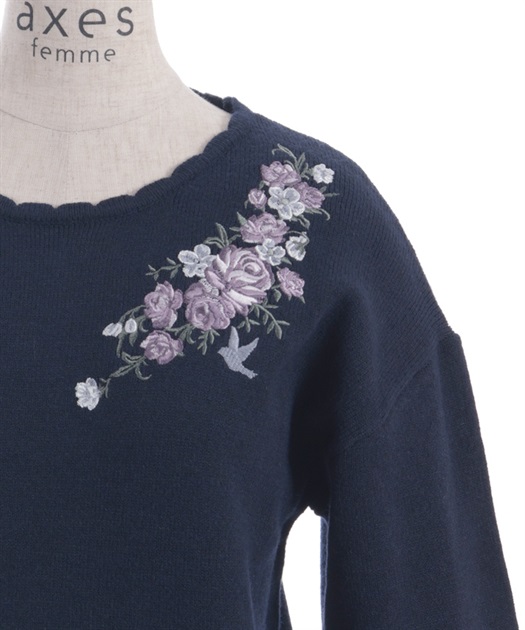 ローズ×鳥刺繍ニットプルオーバー | レディース服・レディース