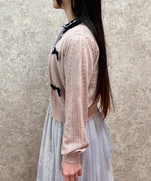 リボン付透かし編みニットカーディガン | レディース服 リボン付透かし編みニットカーディガン | レディース服