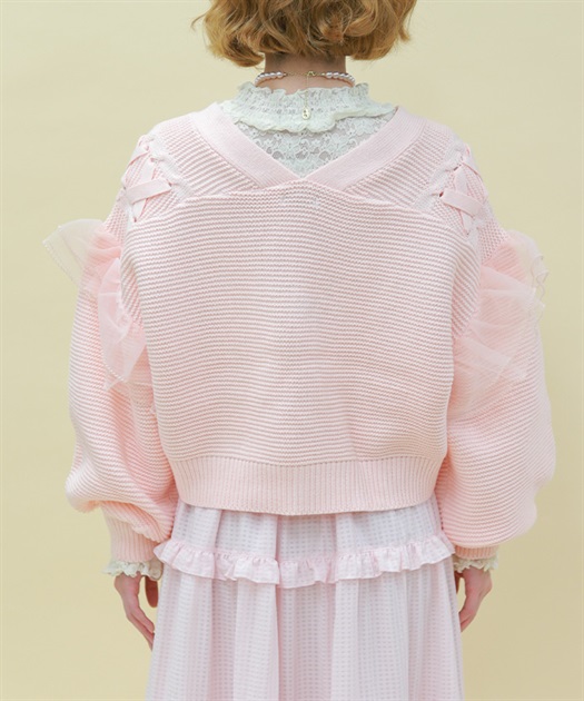 フリルカーディガン 編み上げ×チュールフリルカーディガン | POETIQUE | axes femme online